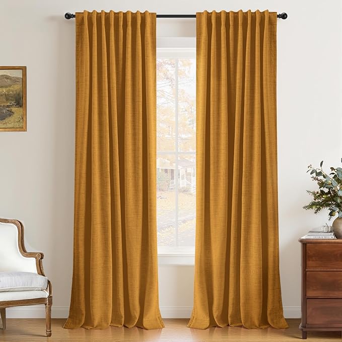 INOVADAY 100% Blackout Linen Curtains for Bedroom 50x90 Dijon Mustard | Linen Textured, Light Blocking, Room Darkening, Thermal Insulated, Back Tab Top, Window Curtains for Living Room, 2 Panels