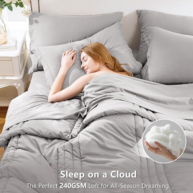 Queen Comforter Set French Grey - 7 Pieces Bed in a Bag | OEKO-TEX Certified, 240GSM Down-Alternative Comforter, 14" Deep-Pocket Sheets, Shams & Pillowcases, Lightweight