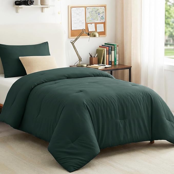 Twin Comforter Set, 2 Pieces Down Alternative Bedding, Forest Green | 270 GSM Twin XL College Dorm Comforter with 4 Corner Ties Use as a Duvet Insert, OEKO-TEX Certified, 1 Pillowcase, 68 x 88 in