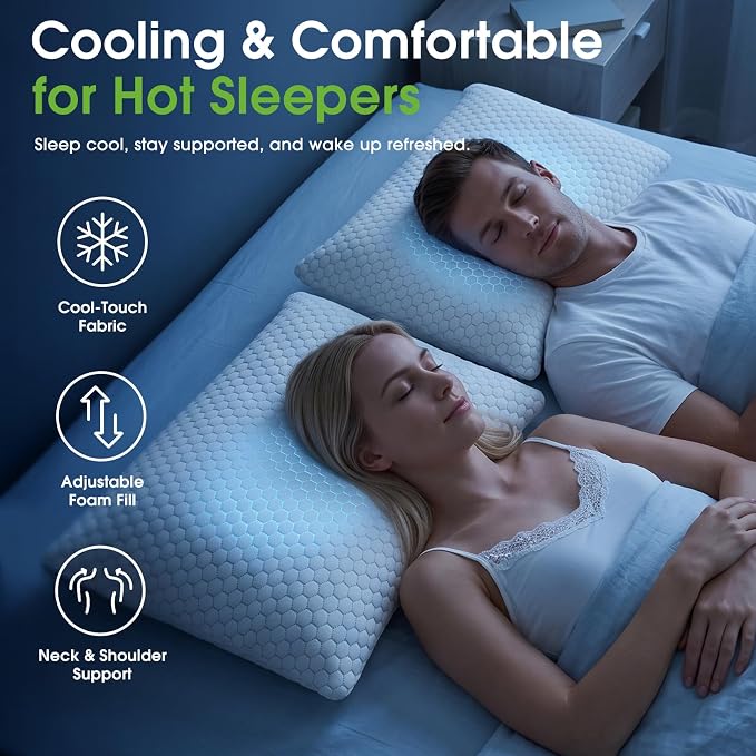 CushyOasis Cooling Pillow for Sleeping, Pillows King Size Set of 2, Gray | CertiPUR-US Shredded Memory Foam Pillows, Cool Bed Pillow for Hot Sleepers, Adjustable Firm for Side, Back, Stomach Sleepers
