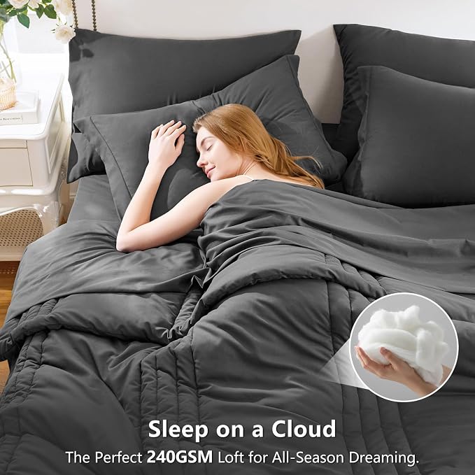 King Size Comforter Set Dark Grey- 7 Pieces Bed in a Bag | OEKO-TEX Certified, 240GSM Down-Alternative Comforter, 14" Deep-Pocket Sheets, Shams & Pillowcases, Lightweight