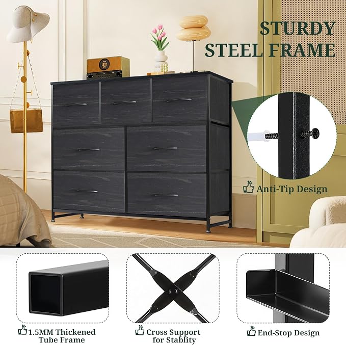 7-Drawer Dresser for Bedroom, Anti-Tip Wide Storage Organizer Fabric | Chest of Drawers TV Stand for 45" TV with Wooden Top Metal Frame for Closet, Living Room, Hallway, Entryway, Charcoal Black
