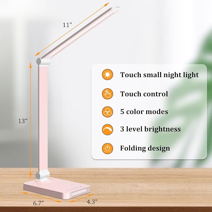 LED Desk Lamp with USB Ports,Touch Desk Lamps for Home Office with 5 Modes | 3 Brightness Desk Light with Small Night Light,Reading Lamp Table Lamp for Bedroom Bedside Study Pink （with adapter）