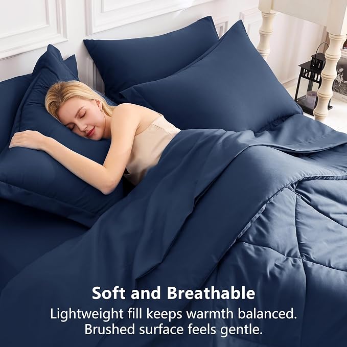 King Size Comforter Set Navy - 7 Pieces Complete Bedding Set | OEKO-TEX Certified, All Season, 240GSM Down-Alternative Comforter, Sheets, Pillowcases & Shams, 14" Deep Pocket, Easy Care