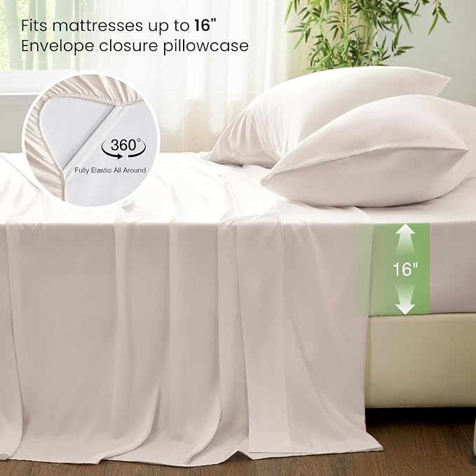 Love's cabin 3 Piece Twin Sheet Set, 100% Rayon Derived from Bamboo, Cooling & Breathable, Soft Silky Deep Pocket up to 16", Hotel Luxury Bedding for Hot Sleepers, Sand