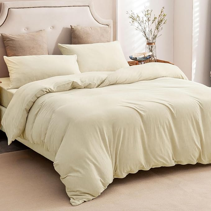 PURE ERA Jersey Knit Sheet Set Solid Creamy White California King | 100% Cotton, 3 Piece Set, T Shirt Soft, Breathable, Envelope Closure Pillowcases, Hidden Zipper, 8 Ties, No Insert, Modern