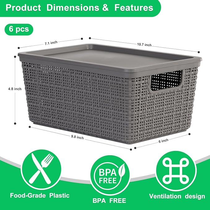 6 Pack Plastic Storage Baskets with Lid,Grey Stackable Bins | Durable Woven Plastic With handle Breathable,Save space,For Organizing Desktops, Closets, Playrooms, Classrooms, Offices