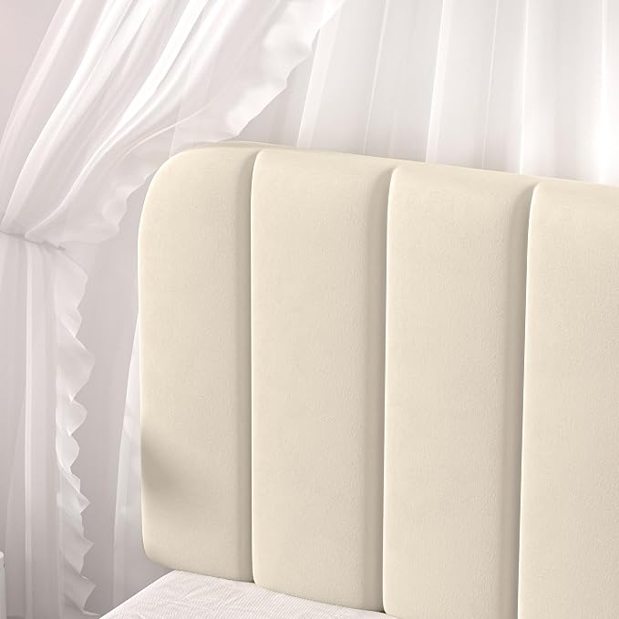 VECELO Twin Size Bed Frame with Upholstered Headboard, Velvet Platform Bedframe Mattress Foundation, Strong Wood Slat Support, No Box Spring Needed,Bone Beige