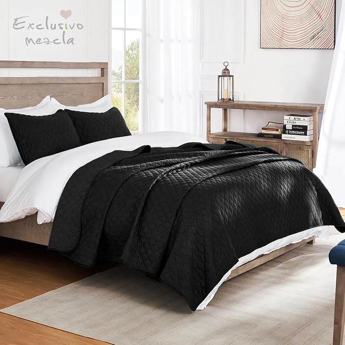 Exclusivo Mezcla Reversible Full Queen Quilt Bedding Set, Black | Lightweight Bedspreads with 2 Pillow Shams, Soft Microfiber, All Season Bed Coverlets for Bedroom Guest Room, 90x96 Inch