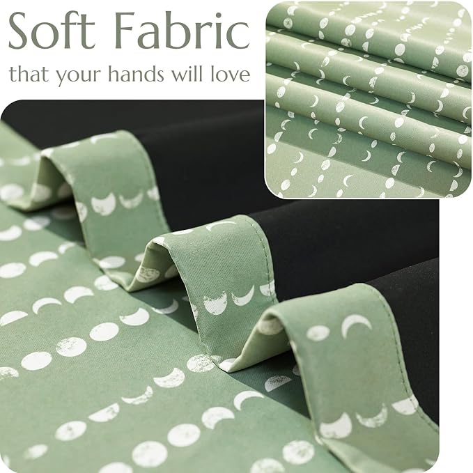 jinchan Boho Blackout Curtains 63 Inch Length Moon Phase Printed Drapes | Sage Green Farmhouse Curtain for Bedroom Living Room Back Tab Drapes Room Darkening Window Treatment 2 Panels