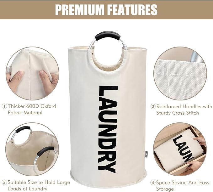 DOKEHOM 90L Large Laundry Basket Bag, Collapsible Tall Hamper, Beige | Freestanding tall washing bin & foldable laundry bag. High-capacity clothes storage basket with durable sturdy handles