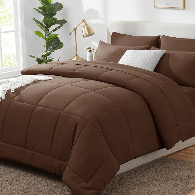 King Size Comforter Set Brown - 7 Pieces Bed in a Bag | OEKO-TEX Certified, All-Season, Bedroom, Guest Room, Down-Alternative Comforter + Flat & Fitted Sheets + 4 Pillowcases