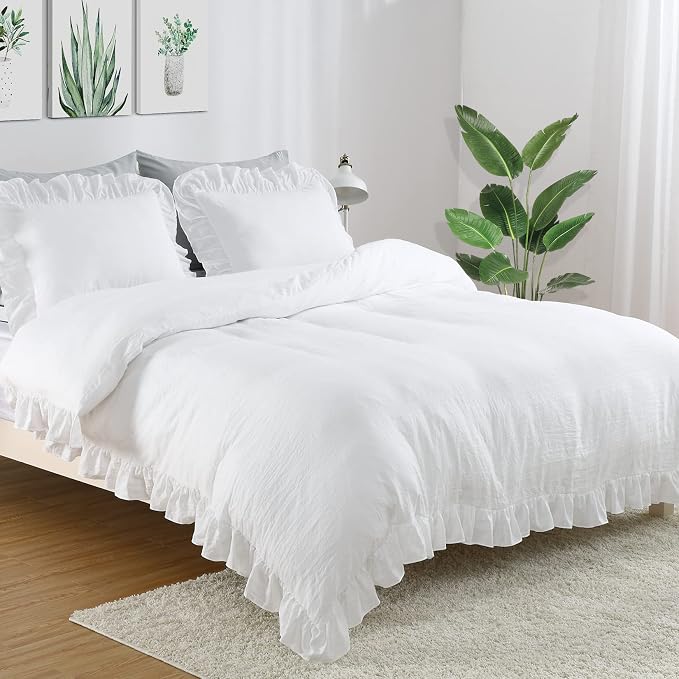 CAROMIO Ruffle Duvet Cover King Size, 3PCS Soft Washed Microfiber Vintage French Country Duvet Cover Set with Button Closure, White, 104x90 in