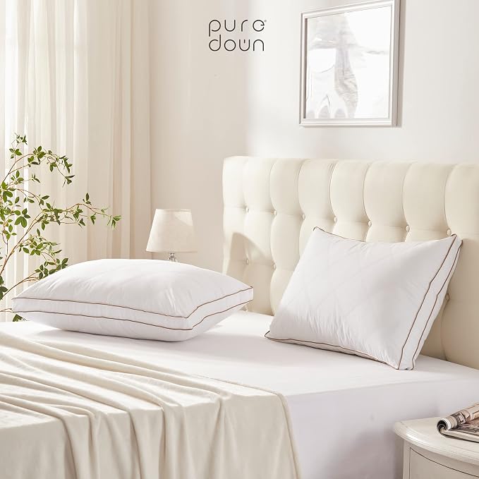 puredown® Goose Feathers and Down Pillow for Sleeping Hotel Collection Bed Pillows, Gusseted, Queen, Set of 2