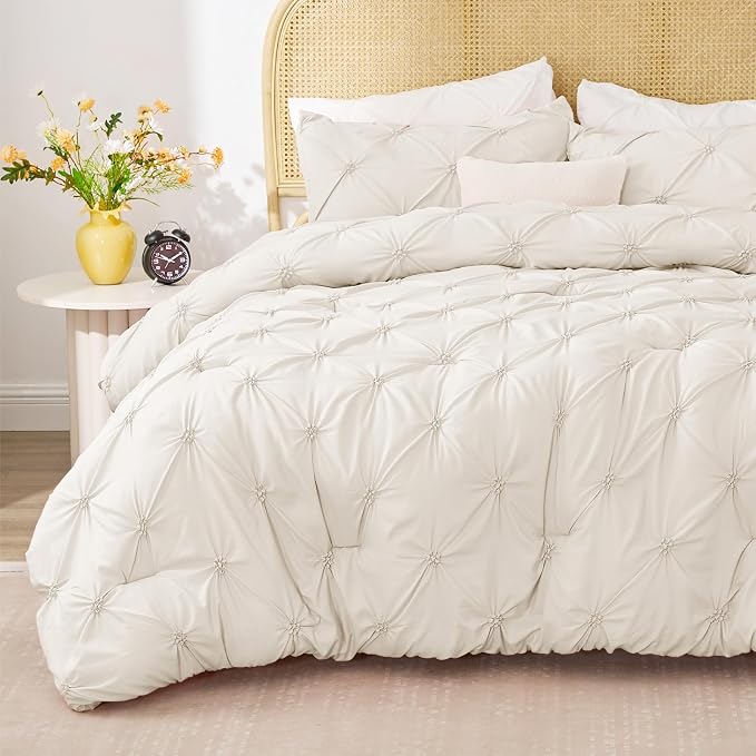 BEDELITE Queen Comforter Set Cream White,Lightweight & Soft Comforter | Pintuck Boho Bedding, Warm & Cute Bed Set for All Season,With 2 Pillowcases