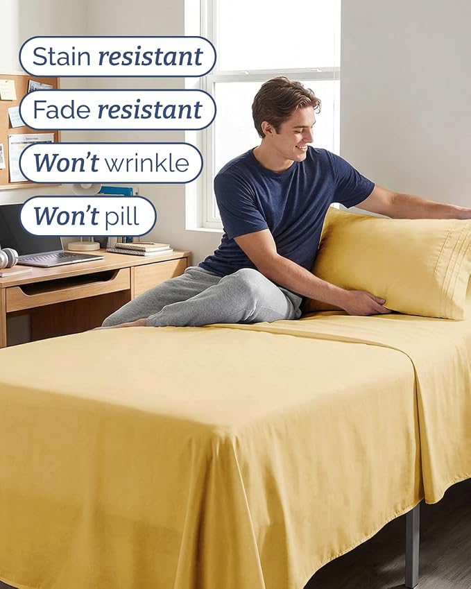 Twin XL 4 Piece Sheet Set - College Dorm Room Essentials - Butter Yellow | Ultra Soft Dorm Bedding Set, 8" to 16" Inch Deep Pockets, 1 Flat & 1 Fitted Sheet & 2 Pillowcases, Wrinkle & Fade Free