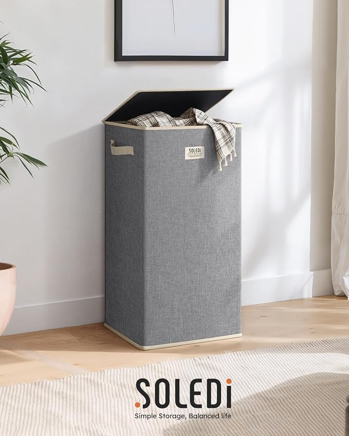 SOLEDI Laundry Hamper with Lid 100L Large & Tall Collapsible Laundry Basket, Clothes Hamper with Bag Removable Easy to Carry, Dirty Hampers for Bedroom, Bathroom, Dorm, College, Light Grey