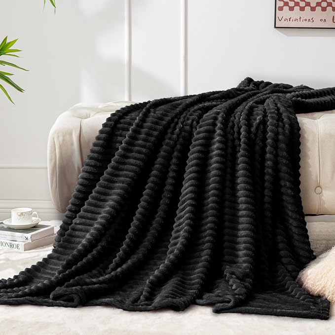 BEDELITE Ribbed Jacquard Black Fleece Throw Blanket for Couch, 50x70 Inch | Soft Warm Decorative Fluffy Blanket, Cozy Plush Lightweight Fuzzy Throw Blanket for Bed Sofa Home Room Decor, Gift for Women