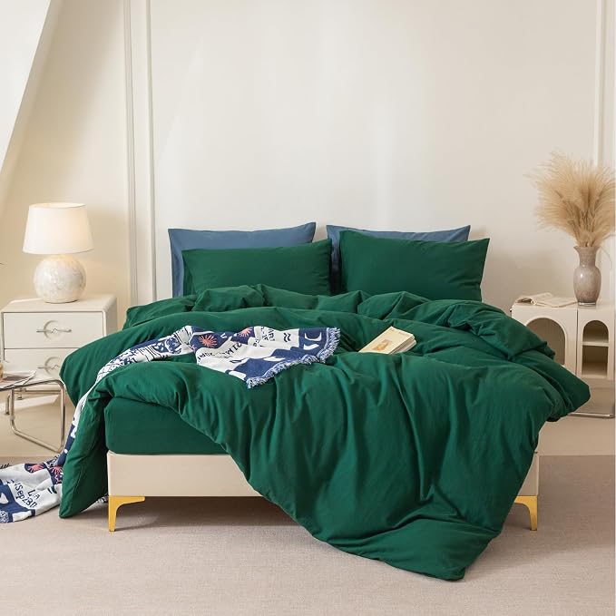BDEAR 3Pcs Forest Green Duvet Cover Set Queen Size 90" L x 90" W, Oeko TEX | 100% Washed Cotton, 1 Duvet Cover with 2 Pillowcases, Zipper Closure, 8 Corner Ties,Linen-Liked Texture, Skin Friendly