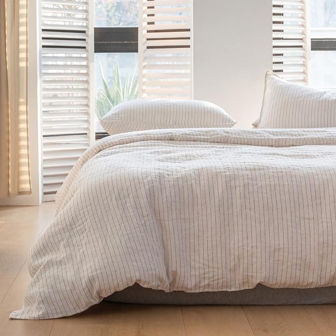 Simple&Opulence 100% Linen Striped Duvet Cover Queen 3pcs, Yarn Dyed Vertical Pinstripe Ticking Pattern Natural French Washed Flax Breathable Farmhouse Bedding - Cinnamon Stripe