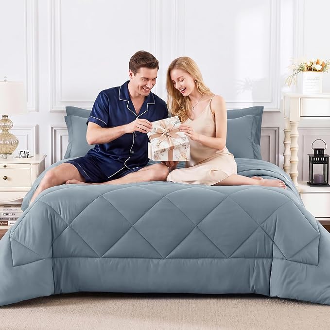 Full Size Comforter Sets Dusty Blue - 7 Pieces Complete Bedding Set | OEKO-TEX Certified, All Season, 240GSM Down-Alternative Comforter, Sheets, Pillowcases & Shams, 14" Deep Pocket, Easy Care