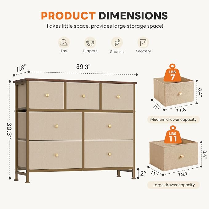 Sweetcrispy 7 Drawer Dresser for Bedroom Storage with Fabric Bins, Khaki | Anti-Tip Closet Organizer, Wooden Top and Sturdy Steel Frame, Spacious Drawers for Clothes Storage, Hallway Entryway