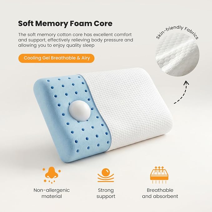 OLIXIS Memory Foam Pillow, Standard Size Bed Pillows for Sleeping, 2 PCS | Firm and Comfortable Support, Bed Pillow for Back and Side Sleepers, Cooling Gel, Breathable Mesh & Washable Cover, White