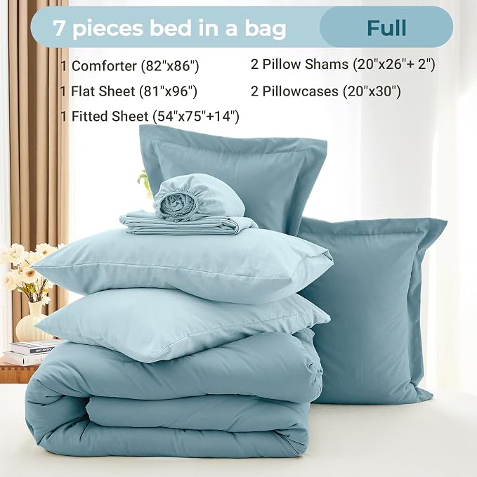 7 Pieces Full Comforter Set, Soft Bed in a Bag Full Size, All Season Bedding Set with Comforter, Flat Sheet, Fitted Sheet, Pillowcases & Shams, Mineral Blue & Light Blue