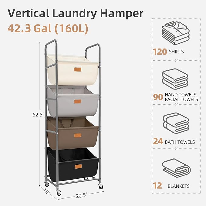 STORAGE MANIAC Vertical Rolling Laundry Hamper, 4 Section Laundry Sorter with Wheels and 2 Breaks, 4-tier Laundry Baskets for Small Space, Dorm, Laundry Room, Closet, Multicolored 4-tier