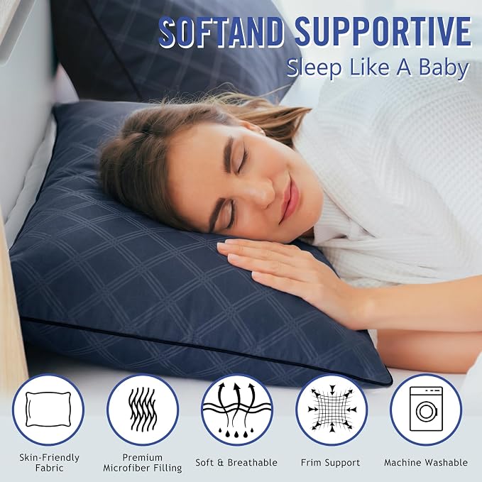 Vorouhals Hotel Collection Bed Pillows for Sleeping 4 Pack Standard Size Cooling Pillows Set of 4 for Back, Stomach or Side Sleepers, Super Soft Down Alternative Microfiber Filled Pillows (Navy)