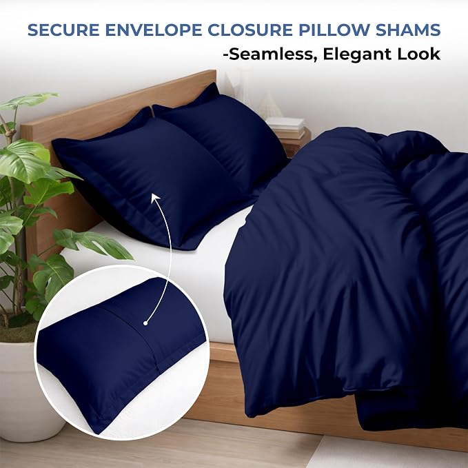 3 Pc Duvet Cover King Size Set-100% Egyptian Cotton 600 Thread Count Ultra Soft Premium Durable Comforter Cover Zipper Closure & Corner Ties - (Navy Blue, 104" X 94")