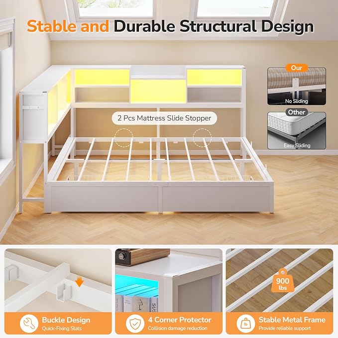 DICTAC Queen Corner Bed Frame with Storage Bookcase and 2 Drawers,Platform Corner Bed Frame Queen Size with LED Lights & Charging Station,Metal Daybed for Teens/Adult with Storage,Saving Space,White
