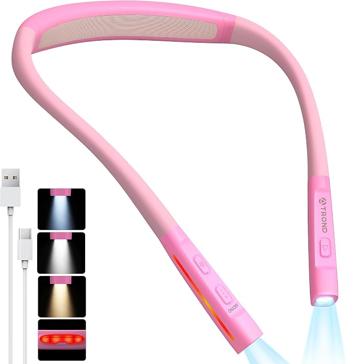 TROND LED Neck Reading Light, Bendable Neck Light for Reading, USB-C, Pink | 3 Color 3 Brightness Book Light for Reading, Flexible Arm with Outdoor Warning Lamp, Eye-Caring for Crochet,Book Lovers Gifts