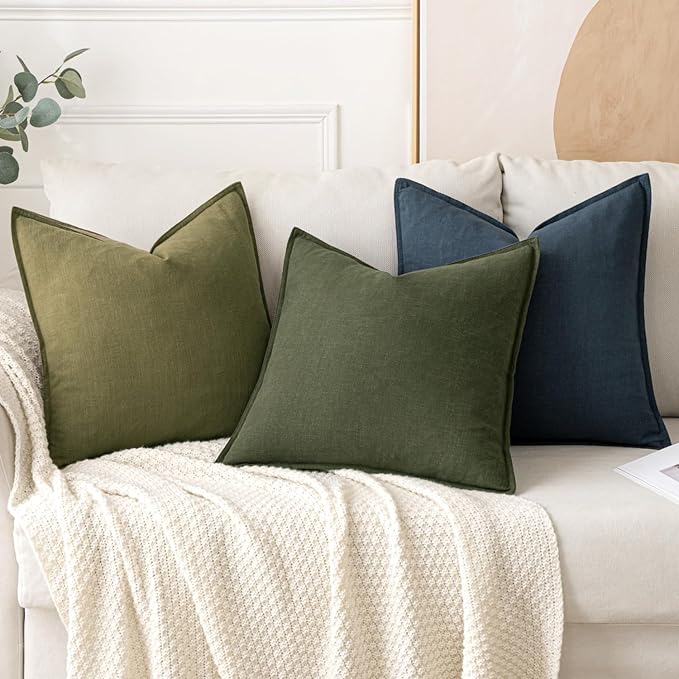 MIULEE Decorative Linen Euro Sham Pillow Covers 28x28 Inch Dark Olive Green | Boho Farmhouse Neutral Couch Throw Pillows for Bed, Pack of 2 Accent Modern Pillowcases, Sofa Livingroom Home Decor
