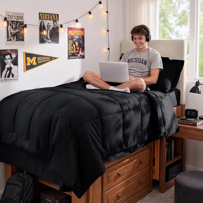 JOLLYVOGUE Twin Comforter Set, Ultra-Soft Bed in a Bag Twin Size 5 Pieces, Oeko-TEX Certified Bedding Set with Down Alternative Comforter, Sheets, Pillowcases & Shams, Black
