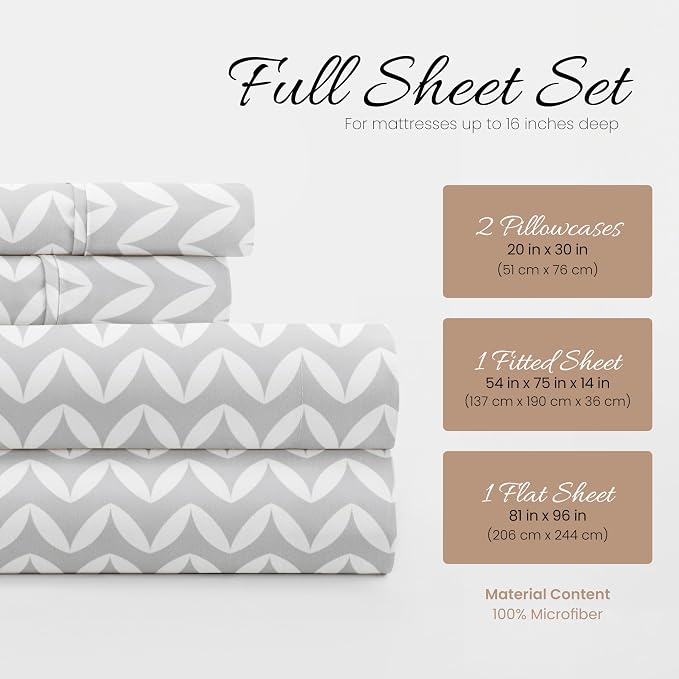 Linen Market Double-Brushed Patterned Microfiber Full Sheet Set 4 Piece – Oeko-TEX Certified Ultra Soft & Wrinkle-Free - 16" Deep Pocket Sheets - Easy Care Full Size - Puffed Chevron Light Gray