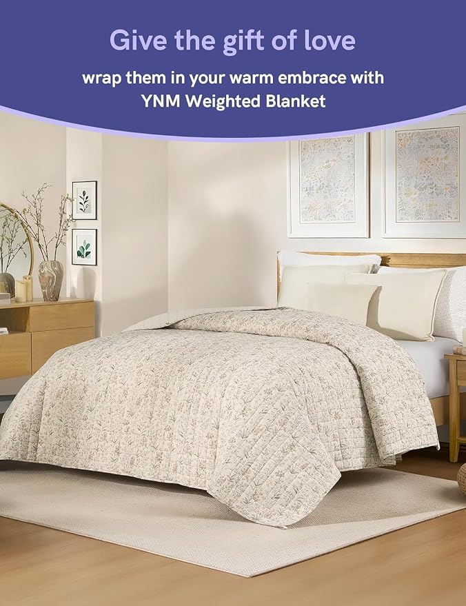 YnM 20lbs Weighted Blanket for Adults, Linen Heavy Bed Throw Blanket with Cooling Glass Beads for All Season Use, Ideal for ~190lbs (60x80 Inches, Queen, Botanical)