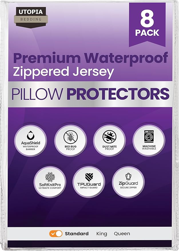 Set of 8 Pillow Protectors with Zipper Standard Size, Pillow Covers | Ultra Soft Pillow Encasements, Bed Bug & Dust Mite Proof, Moisture Wicking and Waterproof Pillow Cases by Utopia Bedding