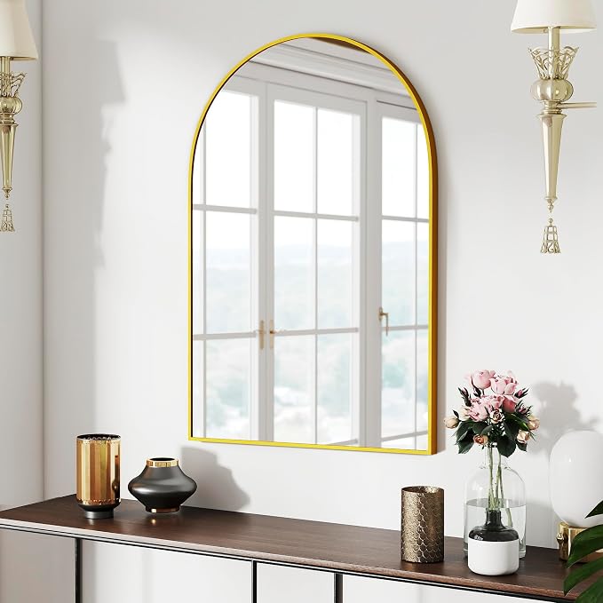 36x24 Bathroom Mirror Arch Wall Mounted/Against Aluminum Frame Gold | HD Crystal Clear No distortion Tempered Glass,Make-Up Vanity Mirrors for Bedroom,Entryway,Living Room