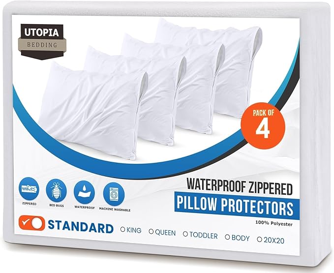 Set of 4 Pillow Protectors with Zipper Standard Size, Pillow Covers | Ultra Soft Pillow Encasements, Bed Bug & Dust Mite Proof, Moisture Wicking and Waterproof Pillow Cases by Utopia Bedding