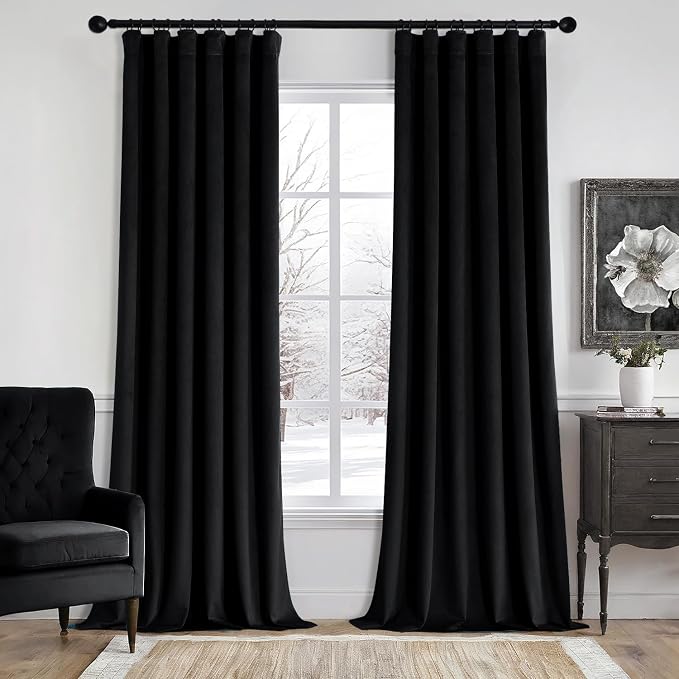 MIULEE Velvet Curtains 50W x 108L 2 Panels Black Blackout Curtains | Luxury velvet fabric, pinch pleat design, back tab hooks, thermal insulated, blackout light blocking, for living room bedroom