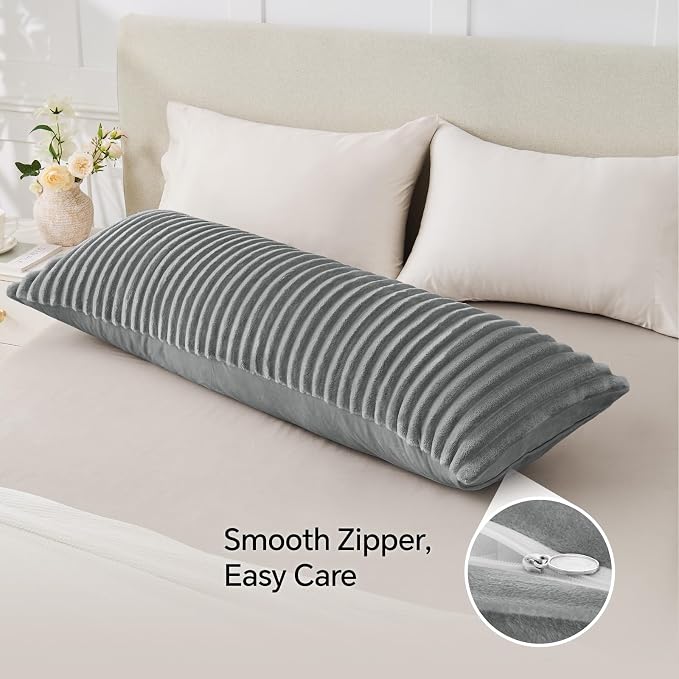 BEDELITE Fluffy Striped Body Pillow Cover with Zipper, Grey, 20x54 | Ultra-soft Faux Fur with 6D Striped Texture, Comfy, Plush, and Cloud-like, Body Pillow Pillowcase for Bed Couch Room Decor