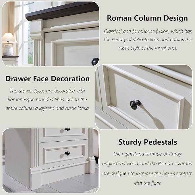 Aitjunz 26" Tall 2 Drawers Dresser for Bedroom, End Table, Antique White | Farmhouse 23.6" Wide Large Nightstand with Charging Station, Wood Rustic Side Tablew/Roman Column for Bedroom, Living Room