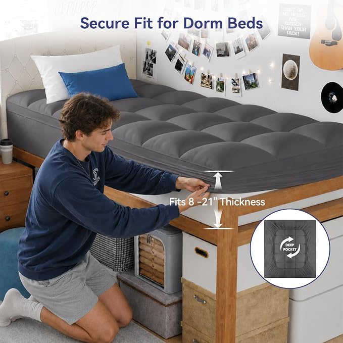 ELEMUSE Twin XL Grey Mattress Topper for College Dorm, Thick Pillow Top | Extra long twin mattress pad with deep pocket, plush college dorm room essential for girls & guys, ideal for back to school