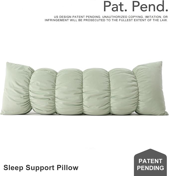 Pat. Pend. Full Body Pillow for Adults, 59 Inch, Celadon Green | Segmented long bed pillow for side sleepers with a removable, washable soft velvet cover; designed for comfortable sleeping.