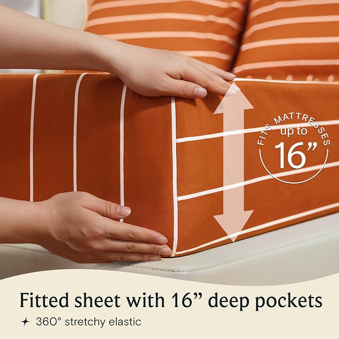 King Striped Sheets Set, Deep Pocket Soft & Cooling Bed Sheet Set, 4PC | LuxClub Silky Fitted Sheet & Pillowcase Sets, Breathable Hotel Luxury Bedding for Mattress Wrinkle Free, Autumn Orange