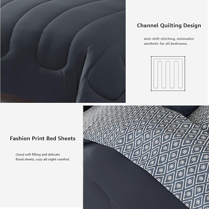 Monbix King Size Comforter Set, 7 Pieces Soft Bed in a Bag King Bedding Set | All Season Blue Grey Track Stitching Comforter Bed Set with Printed Sheets, Pillowcases & Shams