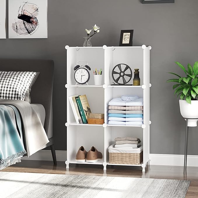 AWTATOS Closet Organizers and Storage, 6 Cube Storage Organizer, White | Portable Closet Storage Shelves, DIY Stackable Storage Cube Book Shelf, Plastic Clothes Organizer Shelving for Bedroom, Home
