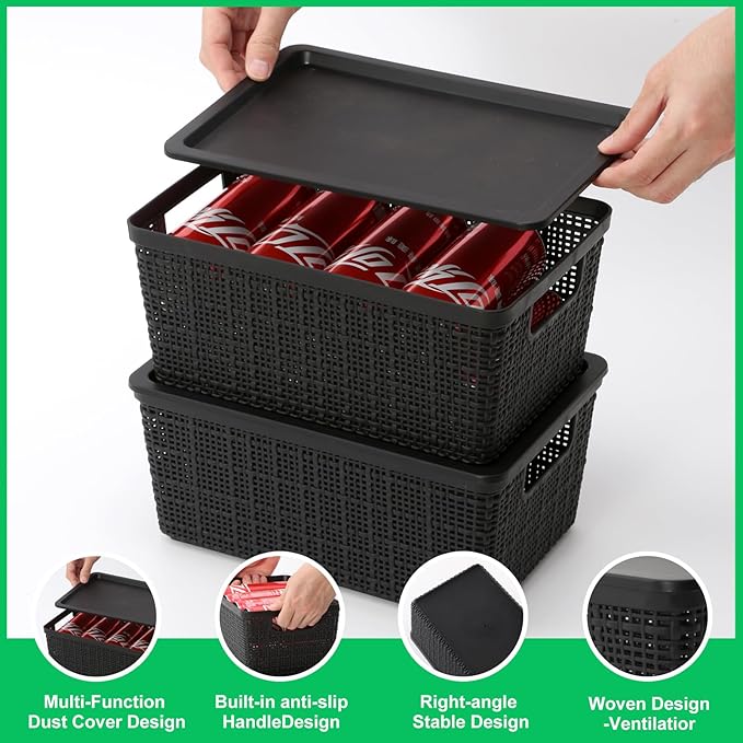 6 Pack Plastic Storage Baskets with Lid,Black Stackable Bins | Durable Woven Plastic With handle Breathable,Save space ,For Organizing Desktops, Closets, Playrooms, Classrooms, Offices