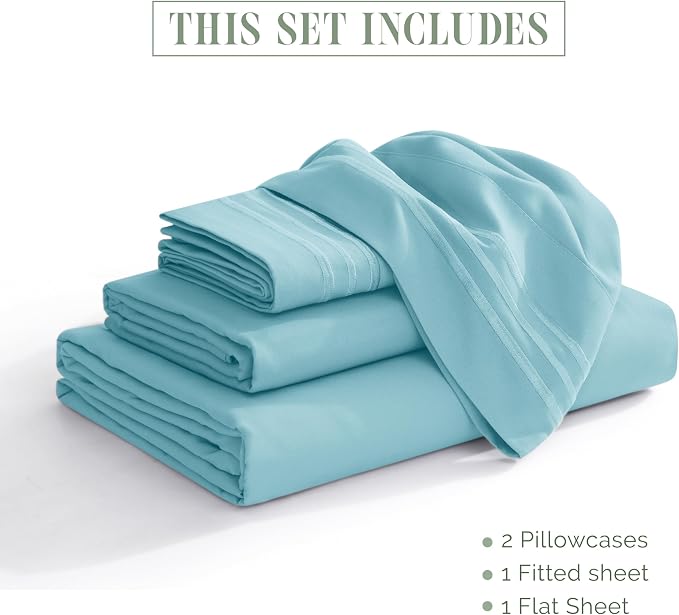 Elegant Comfort Luxury 1500 Premium Hotel Quality Microfiber 4-Piece Sheet Set - Wrinkle Resistant, All Around Elastic Fitted Sheet, Deep Pocket up to 16", RV Short Queen, Aqua